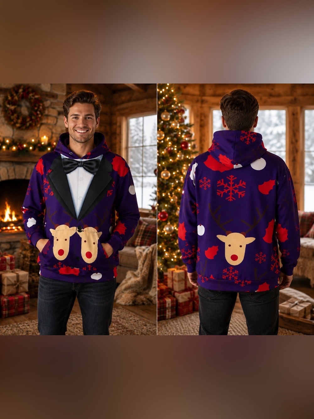 John Hancock Reindeer Tuxedo Ugly Christmas Hoodie Party Unisex Holiday Sweater